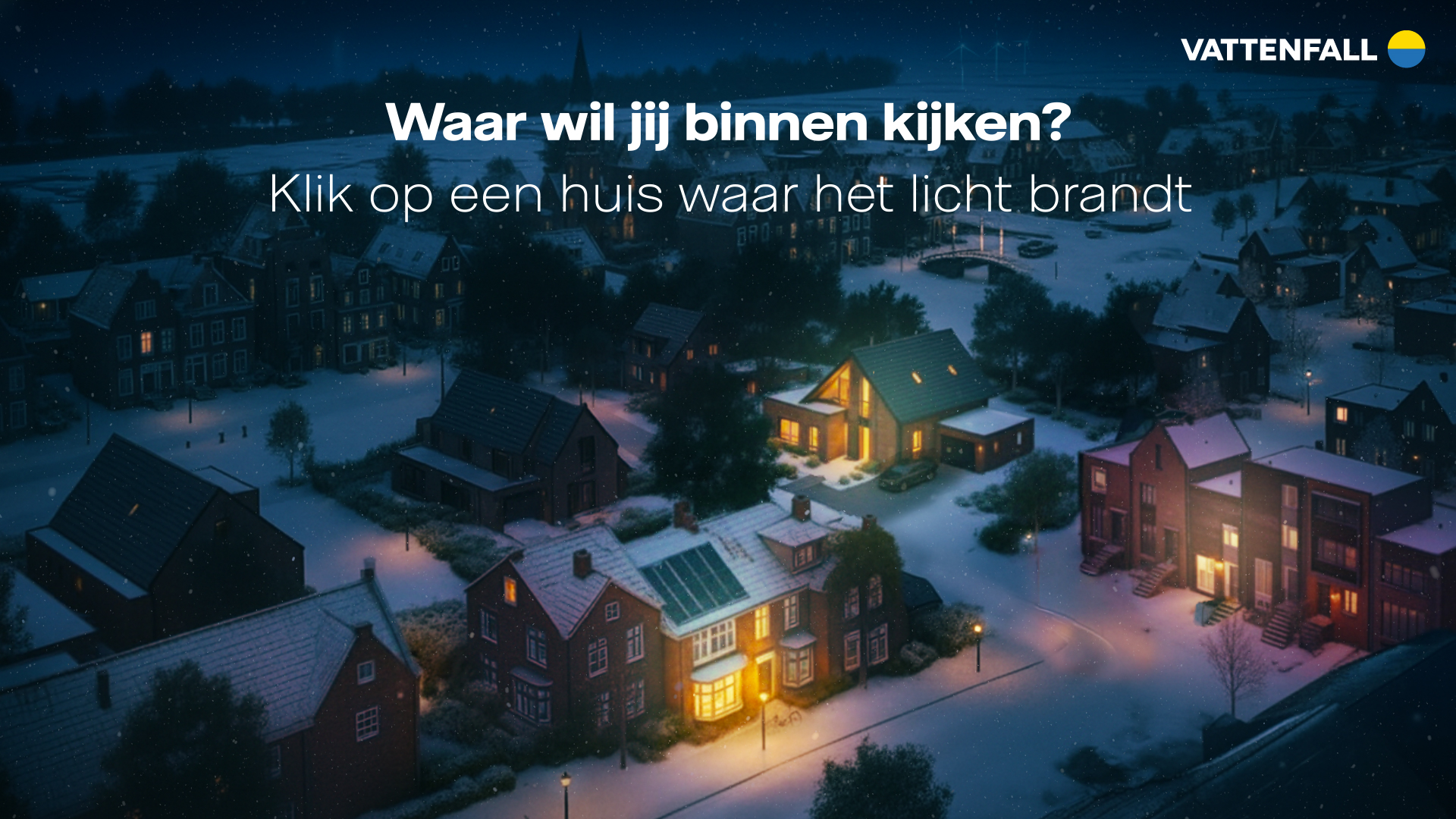 Vattenfall Vooruit campagnebeeld met een verlichte woonwijk